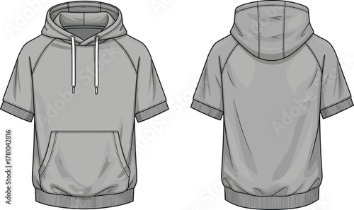 Short sleeve hoodie front and back view, modern casual streetwear design, fashion flat sketch, stylish unisex apparel template, CAD drawing illustration