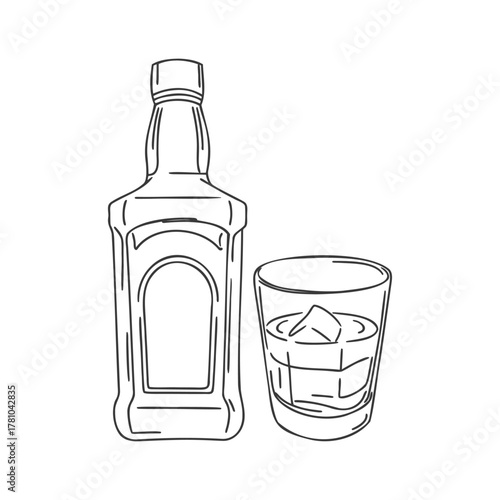 Whiskey bottle and glass with ice cubes on white background. Line drawing. 