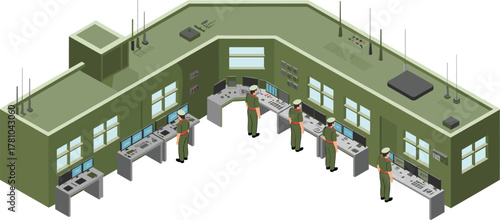 Isometric military control room with officers monitoring radar and communication systems, army command center technology illustration, defense operations management concept