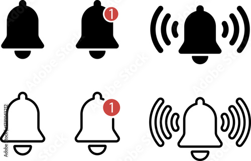 Notification bell icons in black and white with sound waves