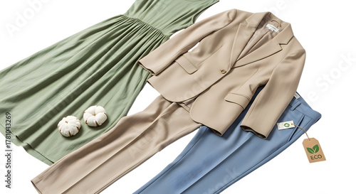 Elegant women s fashion ensemble featuring a light green dress and beige suit