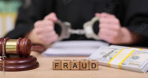 Judge examines evidence of fraud in courtroom setting while holding handcuffs and legal documents