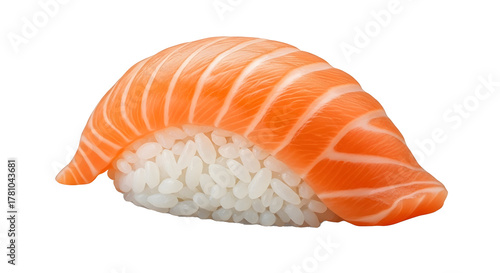Single Salmon Nigiri Sushi on Transparent Background, High-Quality Sake Nigiri Close-Up, Raw Salmon Topped Sushi Isolated, Studio Shot of Sushi Rice with Salmon Slice, Fresh Salmon Nigiri Sushi Macro 