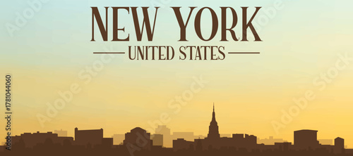 Panoramic poster of the city skyline with misty background buildings, hills sunrise, sunset and clouds of NEW YORK, UNITED STATES