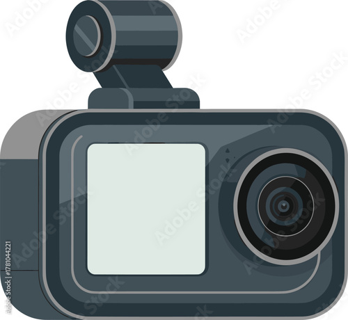 Modern digital action camera vector illustration with screen and wide lens, flat design isolated on white background for technology concept