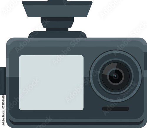 Modern digital action camera vector illustration with screen and wide lens, flat design isolated on white background for technology concept