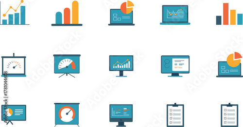 Set of business analytics and data visualization icons, flat design illustration collection for charts, reports, statistics, and presentation templates
