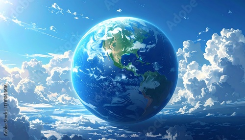 Animated Earth in clear sky with clouds, showcasing continents and oceans