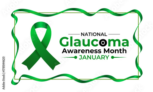 Promote eye health with this green ribbon design for Glaucoma Awareness Month in January. Ideal for medical campaigns, health posters, and vision care awareness projects. Banner poster background.