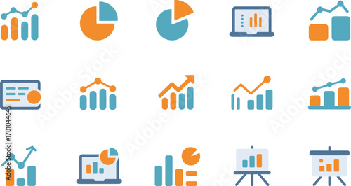 Set of business analytics and data visualization icons, flat design illustration collection for charts, reports, statistics, and presentation templates