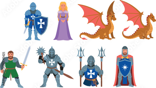 Set of medieval fantasy characters with knights, princess, and dragons, cartoon illustration collection for role playing game and storytelling design