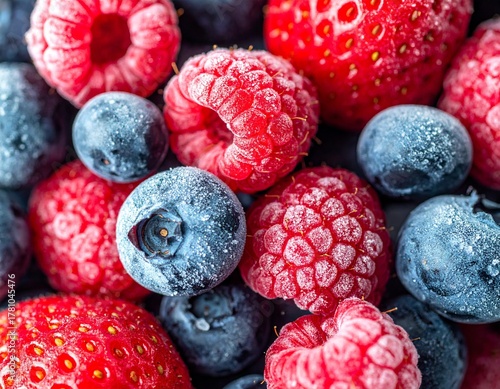 Close up view of frozen blueberries raspberries and strawberries with a frosty texture
