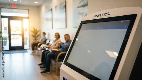 Patient using digital kiosk for health questionnaire in modern clinic waiting area