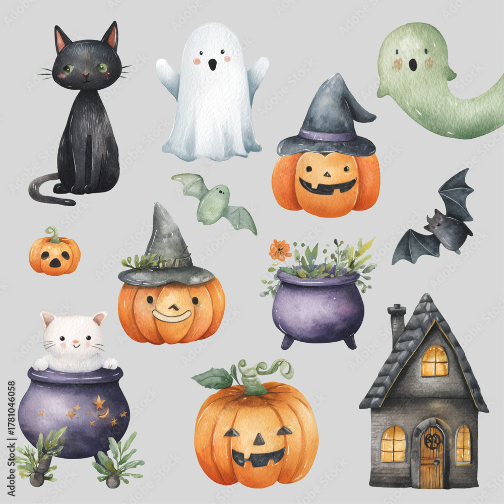 Fototapeta premium Watercolor Halloween Elements Clipart Collection — Hand Painted Spooky Illustrations with Pumpkins, Ghosts, Bats, Candles, and Creepy Autumn Decorations on White Background