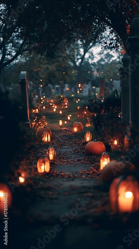 Spooky Cemetery Path Lanterns Pumpkins Halloween Night Foggy Graveyard Scene