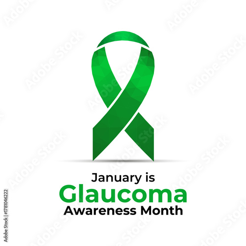 Promote eye health with this green ribbon design for Glaucoma Awareness Month in January. Ideal for medical campaigns, health posters, and vision care awareness projects. Designed in a low poly style.