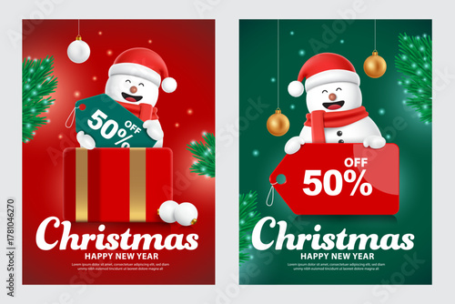 Two 50% off sale banner templates with Christmas and New Year concepts first one shows snowman holding tag label emerging from gift box second one shows snowman holding tag label in middle, vector 3d