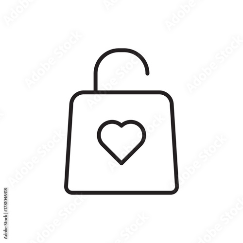 Black outline drawing of an unlocked padlock with a heart on the front