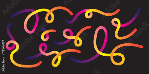 Colorful gradient lines background. Wavy abstract shapes collection. Decorative squiggle doodles set. Iridescent curved spirals elements. Vector rainbow swirls. Carnival smooth gradations strokes.