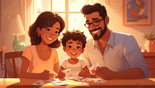 Animated family playing cards, smiling together in warm sunlight