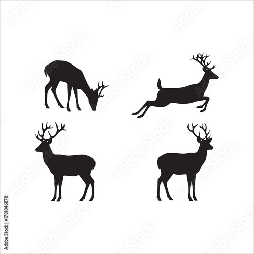 Vector silhouette illustration multiple deer silhouettes in various poses, including grazing and jumping