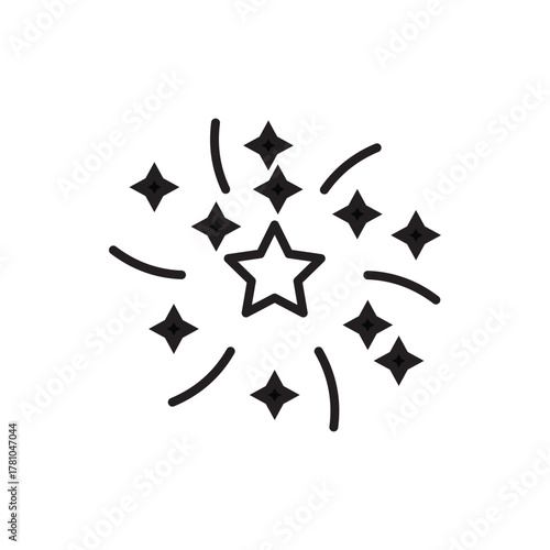 Black starburst with a hollow star in the center surrounded by solid diamond shapes and curved lines