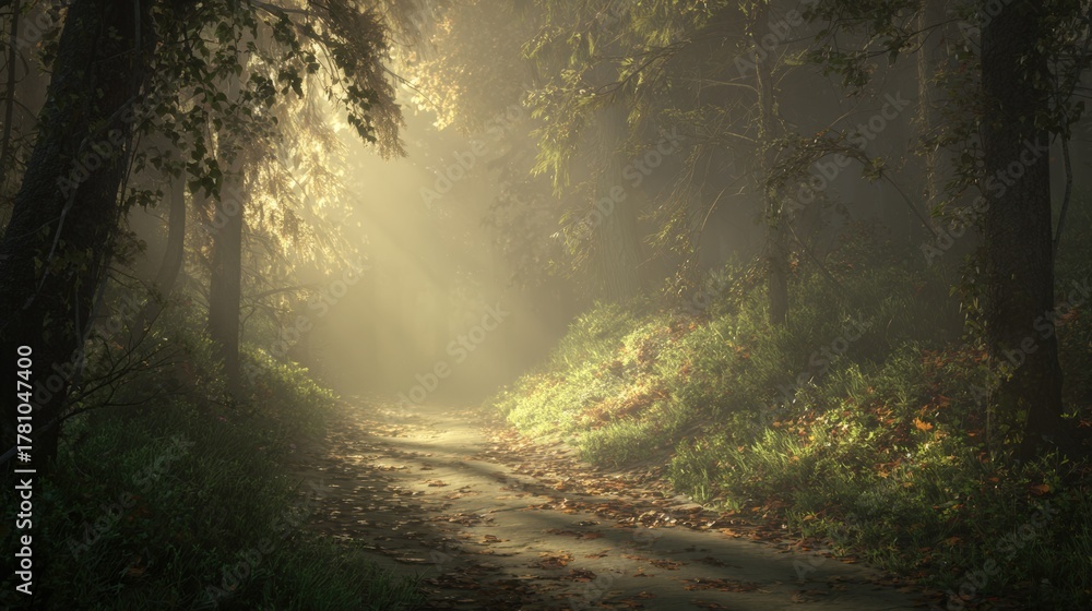 Naklejka premium Sunlit Forest Path Bathed in Golden Morning Light Filtering Through Trees