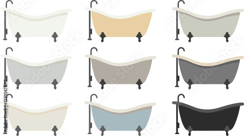 Set of vintage clawfoot bathtubs in different colors, minimalist vector illustration, bathroom interior design collection isolated on white background