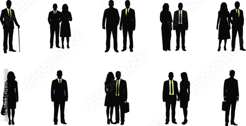 Business couple silhouettes, corporate people standing, men women in suits, lime ties accent, vector set, faceless figures, black silhouettes, white background.
