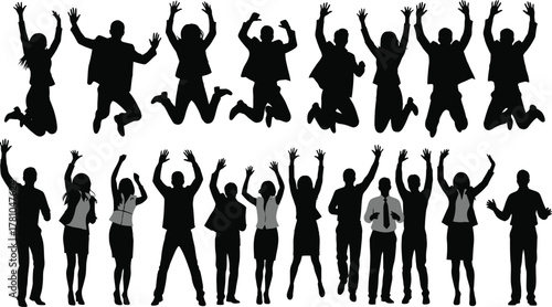 Business celebration silhouettes, diverse team jumping cheering, success concept, happy office people, vector set, faceless figures, corporate achievement, black silhouettes, white background.​