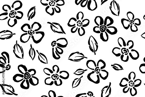 Seamless pattern with monochrome flowers, hand-drawn with a black brush. Vector floral elements. Abstract primitive botanical print. Drawing on a white background.