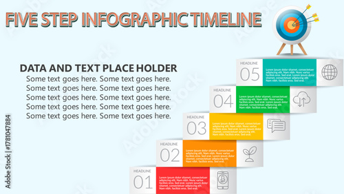 Five Step Infographic Timeline With Target, Arrows, and Growth Icons Representing Business Strategy, Success Planning, and Corporate Presentation Concept for Marketing and Development
