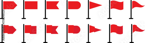 Collection of red flags waving and torn on poles