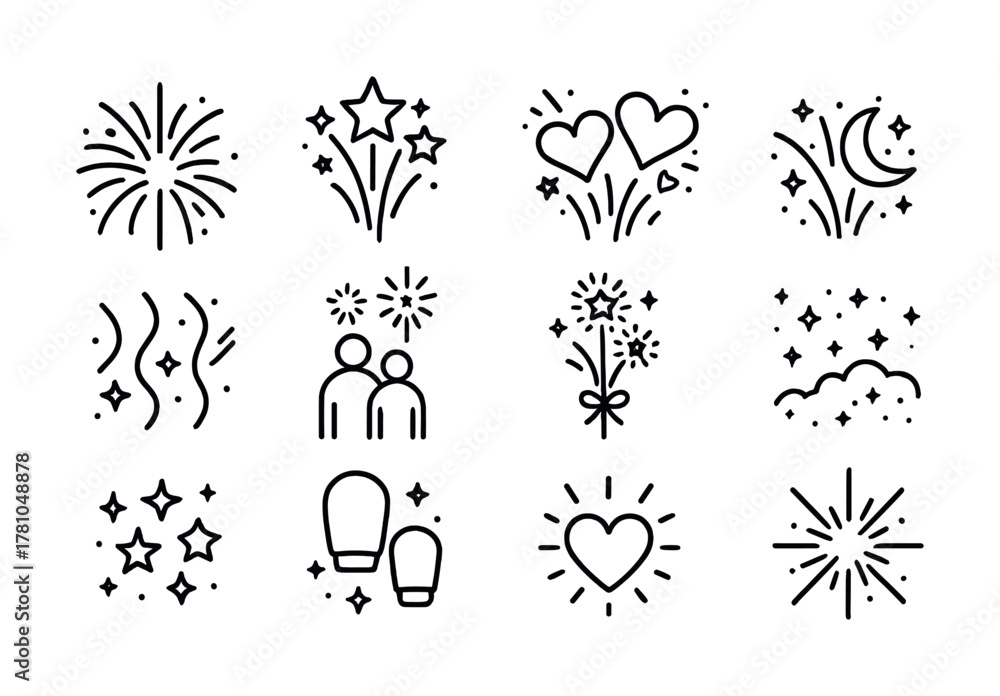 Fototapeta premium Celebration icon set: fireworks, hearts, stars, moon, people, sparkles, clouds