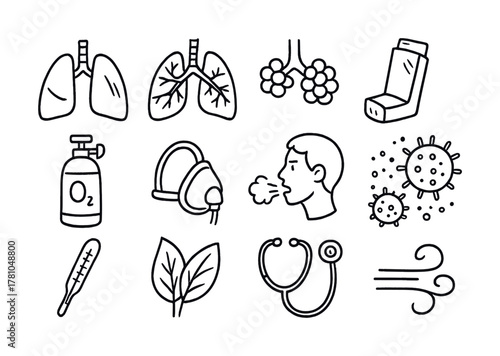 Hand-drawn respiratory health icons: lungs, asthma inhaler, virus, stethoscope, oxygen tank