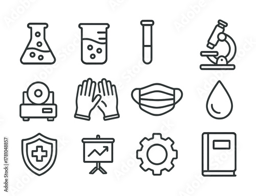 Science laboratory equipment icons set including microscope and test tubes