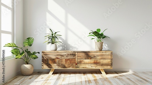 Wooden cabinet holding potted plants beside a window, bathed in sunlight