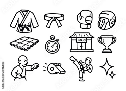 Martial arts symbols with karate gear, dojo, and sparring actions