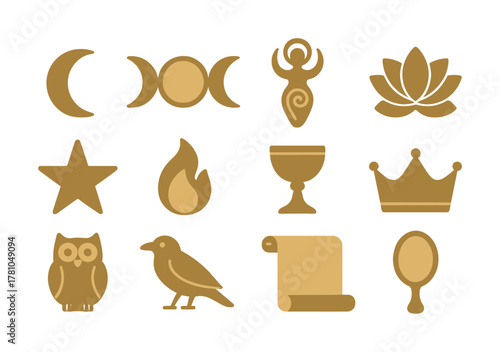 Collection of golden pagan symbols and icons including moon, goddess, lotus, star, fire, goblet, owl, bird, scroll, mirror, and crown