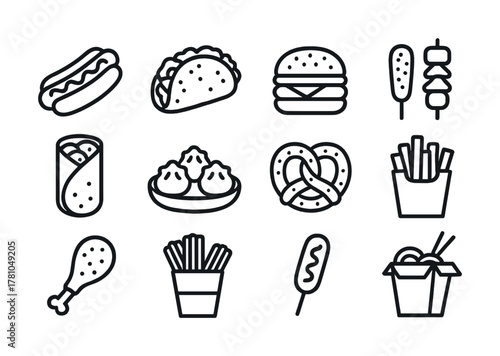 Icon set of popular fast food items including hot dog, taco, burger, and fries