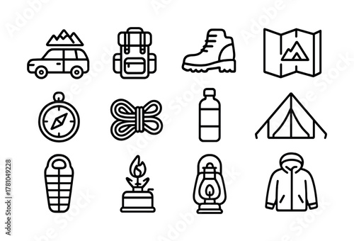 Outdoor adventure icons: car, backpack, hiking boot, map, compass, rope, water bottle, tent, sleeping bag, stove, lantern, jacket