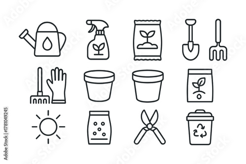 Gardening tools set: watering can, shovel, pruning shears, fertilizer, recycle bin icons