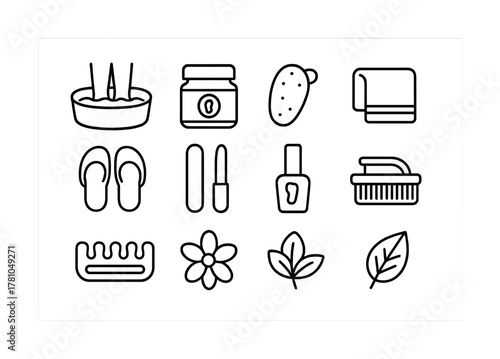 Spa wellness icons: bath, skincare, and relaxation essentials