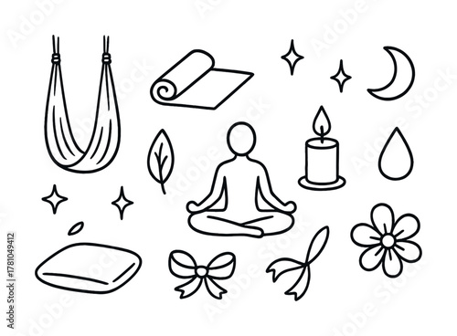 Meditation and relaxation symbols: yoga mat, candle, hammock, and more