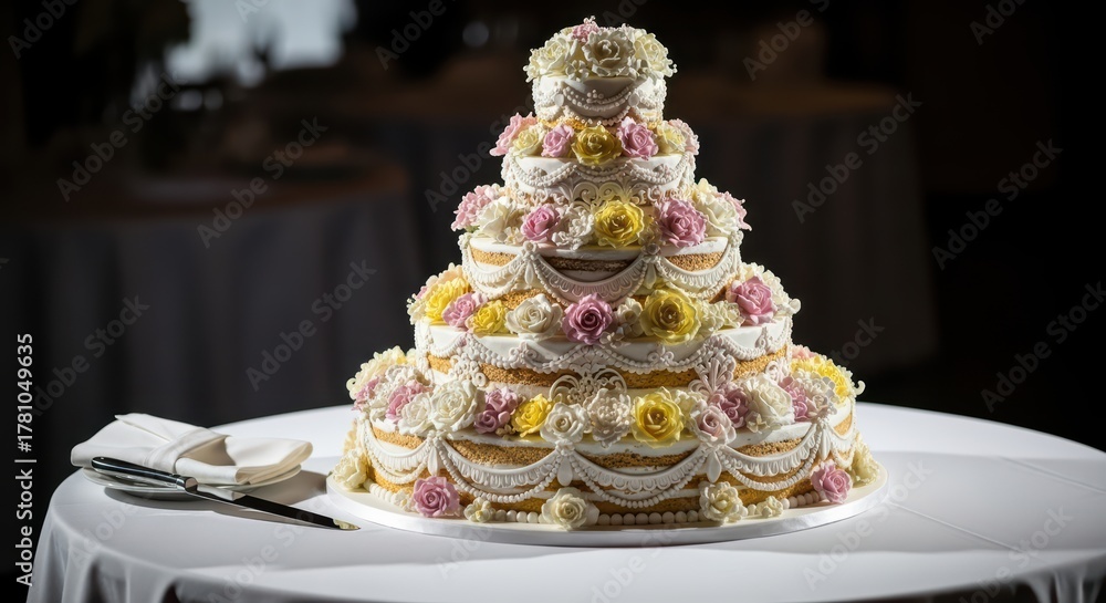Fototapeta premium Elegant multi-tiered wedding cake adorned with intricate floral decorations on white table