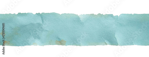 Torn paper strip, light blue old texture with spots, isolated on white background. High quality photo