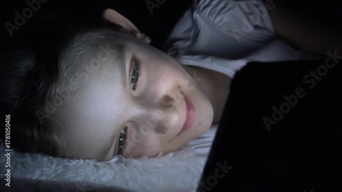 Child Playing Tablet in Night, Girl Browsing Internet in Bed, Kid Not Sleeping Searching Stuffs on Device, Children Play Games