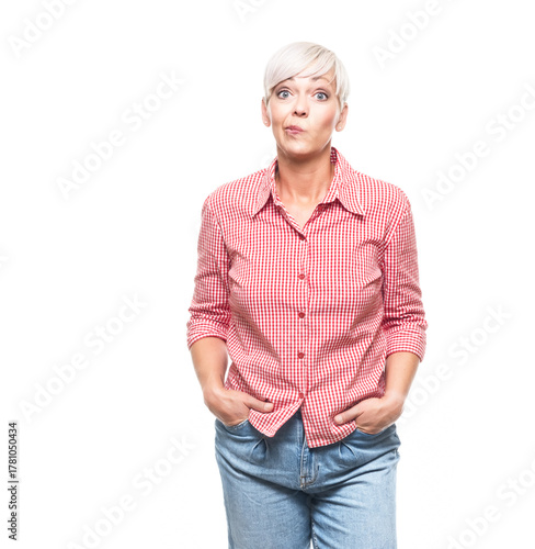 Bild auf Leinwand Confused adult woman, isolated on white background