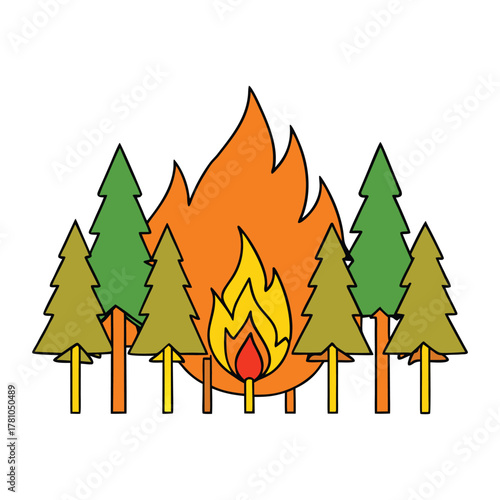 A raging wildfire engulfs the forest, with towering trees consumed by blazing flames. Smoke billows into the sky as nature battles the fierce heat and destruction.
