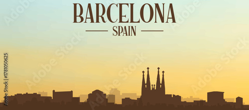 Panoramic poster of the city skyline with misty background buildings, hills sunrise, sunset and clouds of BARCELONA, SPAIN